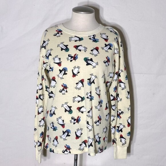 5/$25 VINTAGE Intimate Details Pale Yellow Waffle T Shirt with Penguins M - Picture 1 of 12